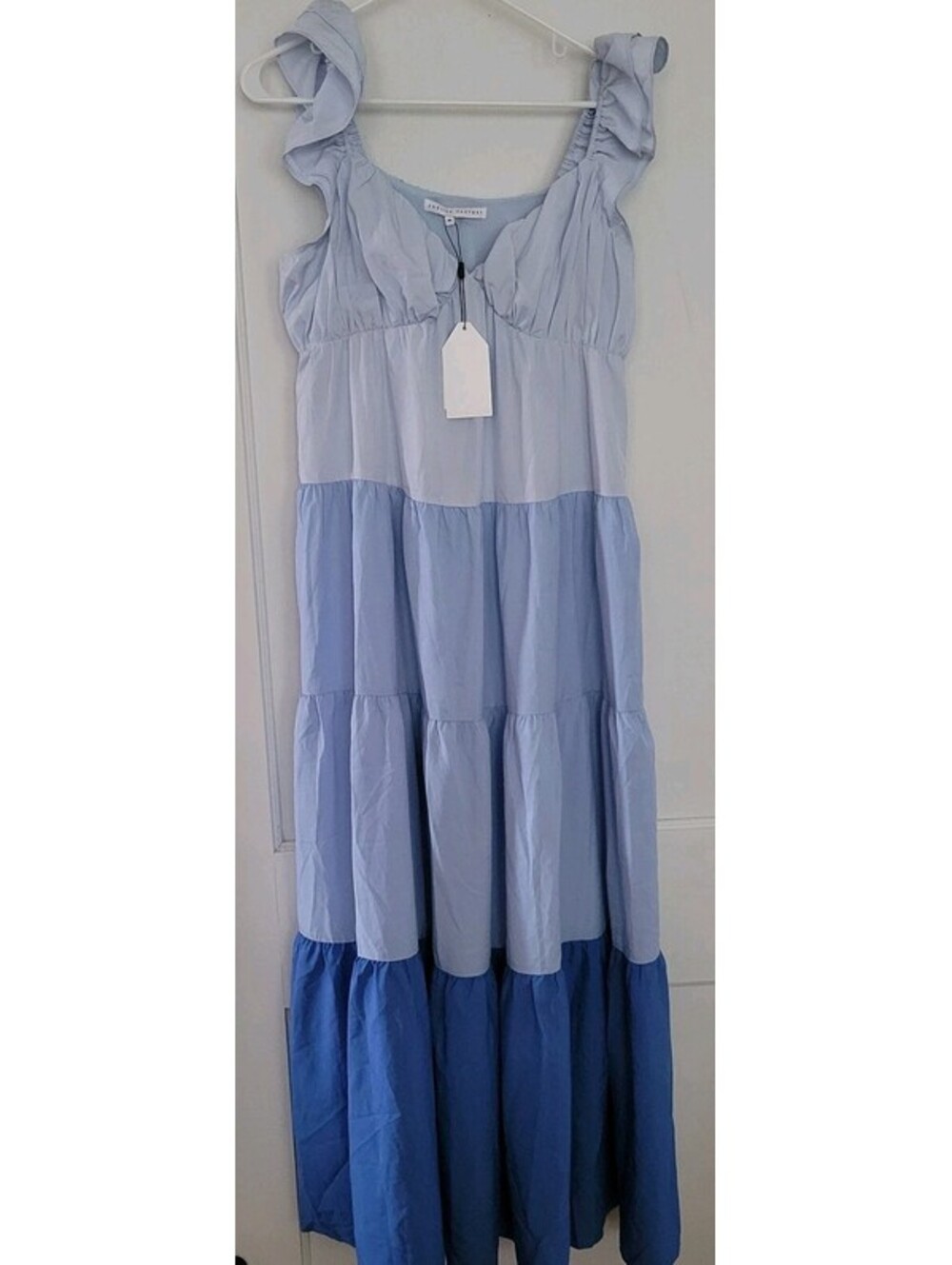 English Factory Maxi Dress Med Blue Colorblock Tiered Sweetheart Ruffle